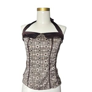 Y2K Bebe Halter Neck Corset Top Geometric Print Brown Tan Size S